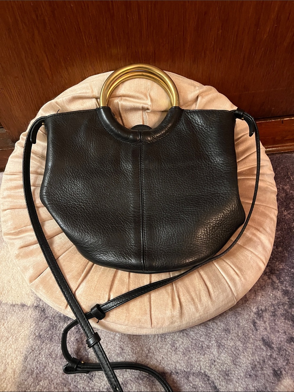 Black Leather Shoulder Bag with Gold Ring Handles